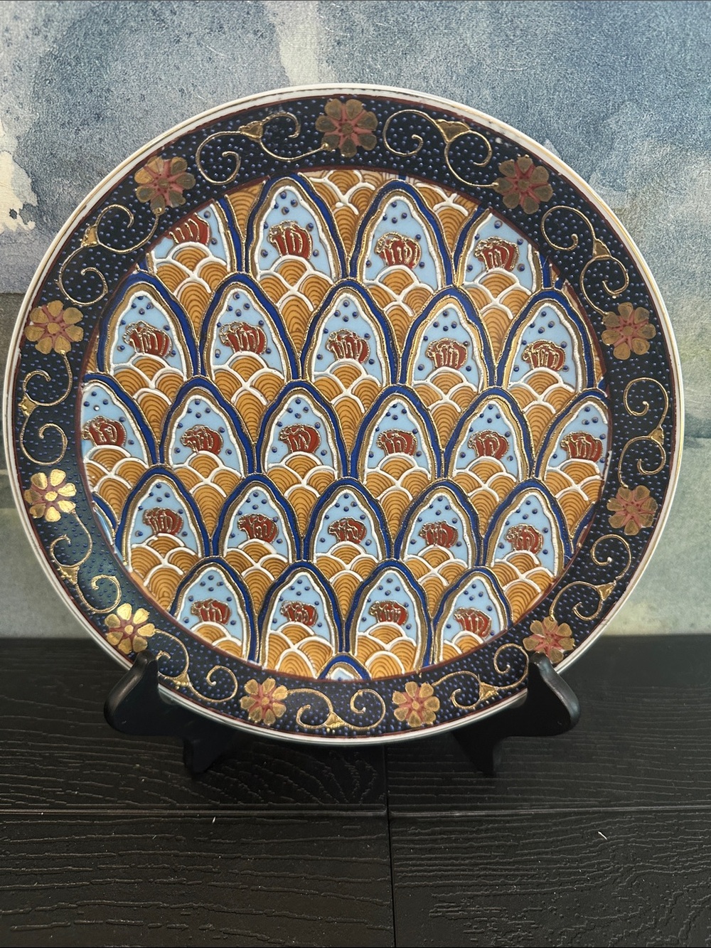 Asian Hand Painted  Blue and Gold Decorative Ceramic Plate with Floral Border